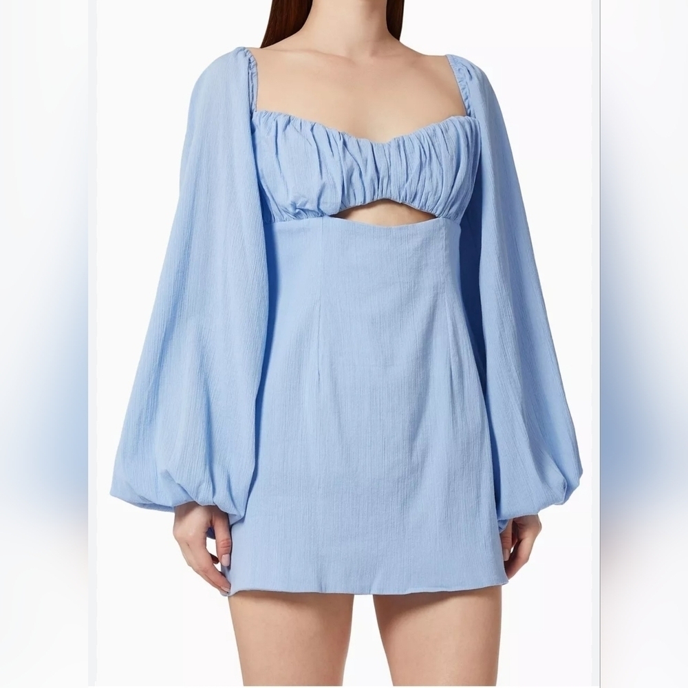 RUMER Women's 100% Cotton Long Sleeve Camille Cutout Mini Dress, Blue,  Large
